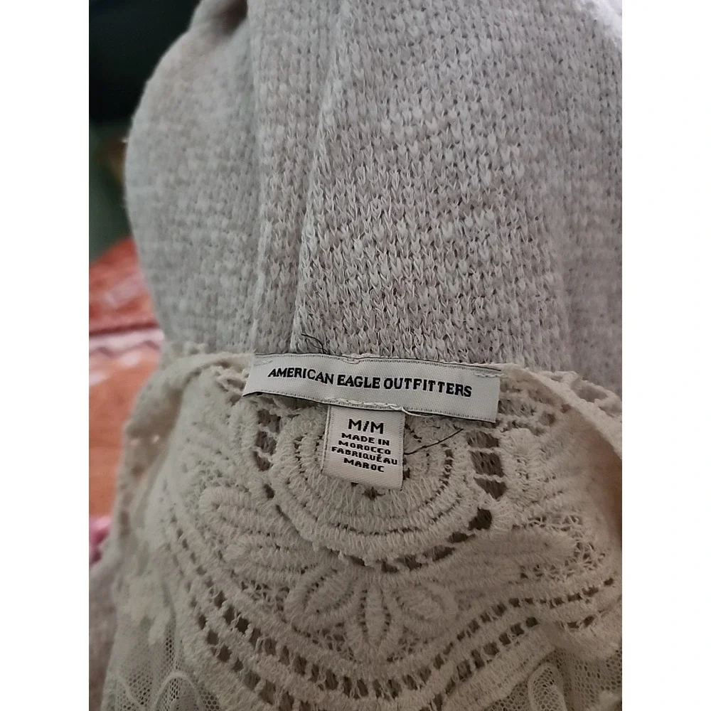 American Eagle Women's M Sweater‎ Open Knit Crochet Sheer Mesh Cream Boho Fairy